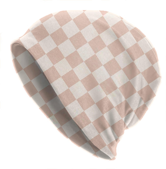 Neutral Tan Checkerboard Beanie – Soft Beige Gingham Knit Hat – Aesthetic Minimalist Style, Cottagecore Cozy Fall Winter Gift