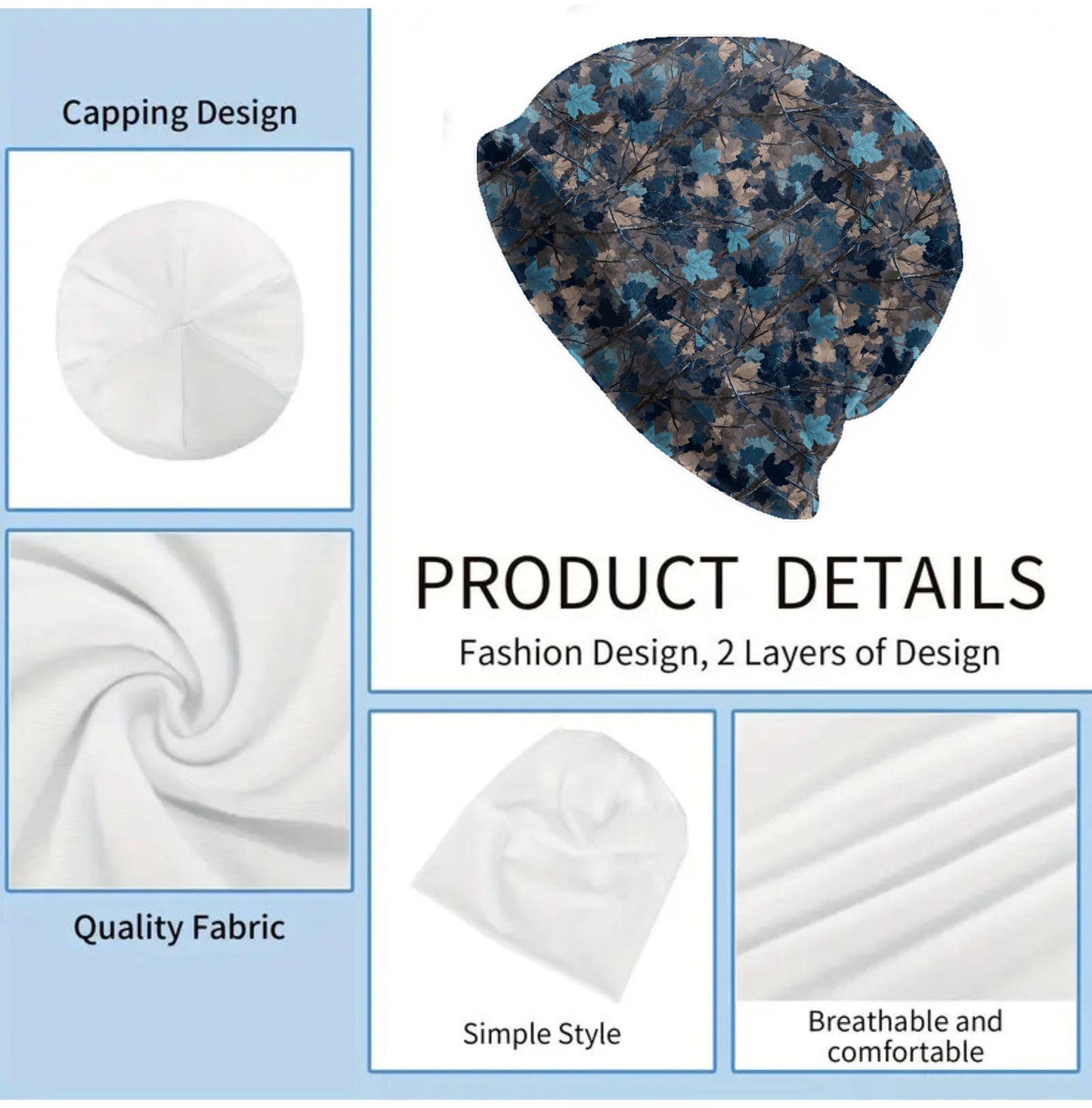 Blue Woodland Camo Leaf Slouchy Beanie – Soft Lightweight Skull Cap, Thin Bonnet Hat for Men & Women, Outdoor Forest Pattern