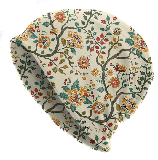 Vintage Floral Slouchy Beanie – Retro Botanical Print Skull Cap,  Folk Art Beanie Hat, for Men Beanies, Women Skull Caps, Orange Cream