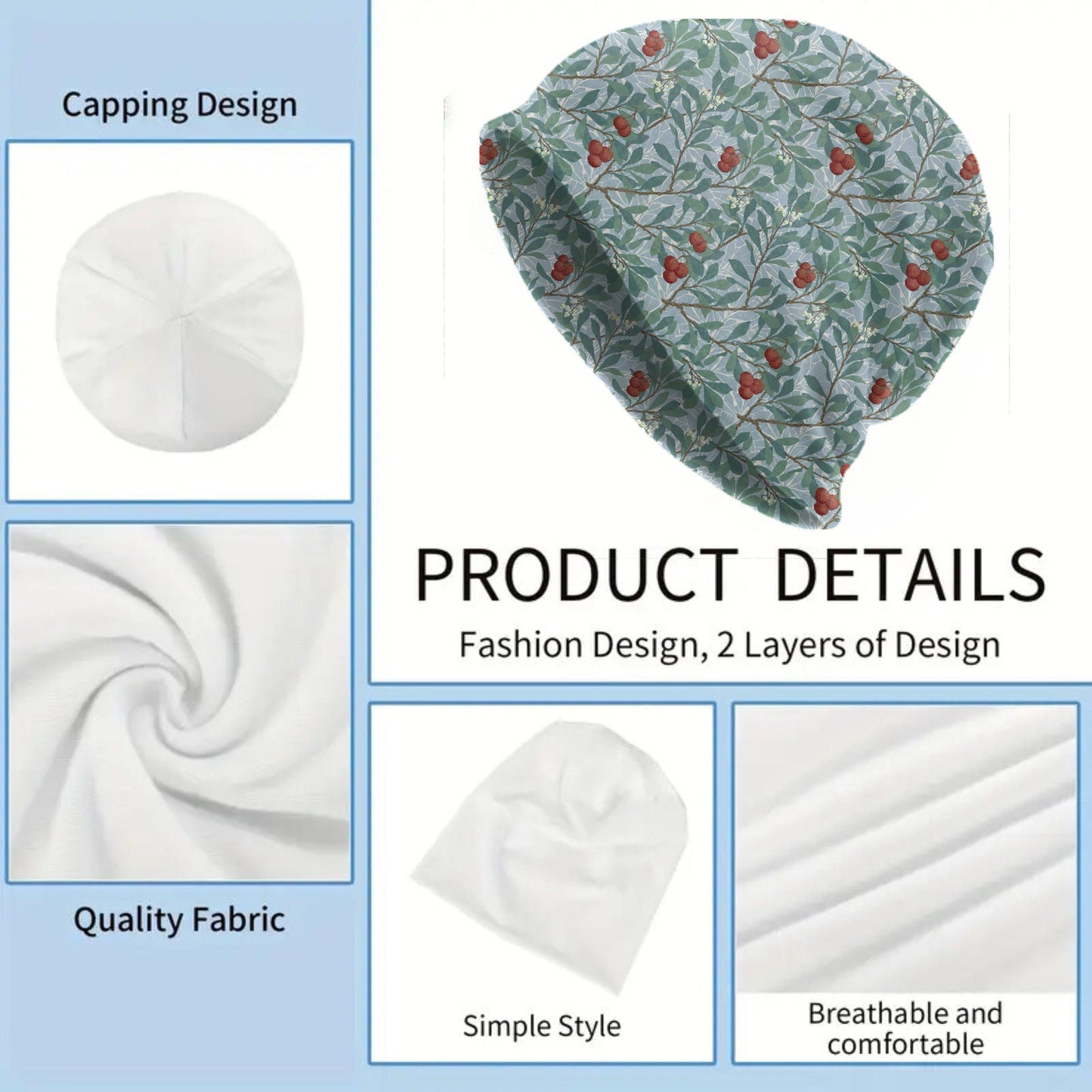 William Morris Arbutus Beanie – Vintage Botanical Berry & Leaf Slouchy Hat – Thin Soft Made to Order Women’s Hat, Men’s Beanie