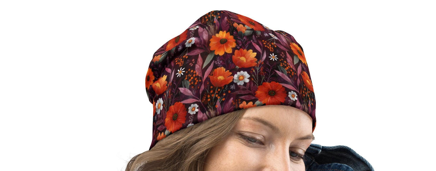 Fiery Autumn Poppies Slouchy Beanie – Bold Floral Bonnet, Soft Thin Stretchy Skull Cap for Men & Women, Fall Botanical Print Hat