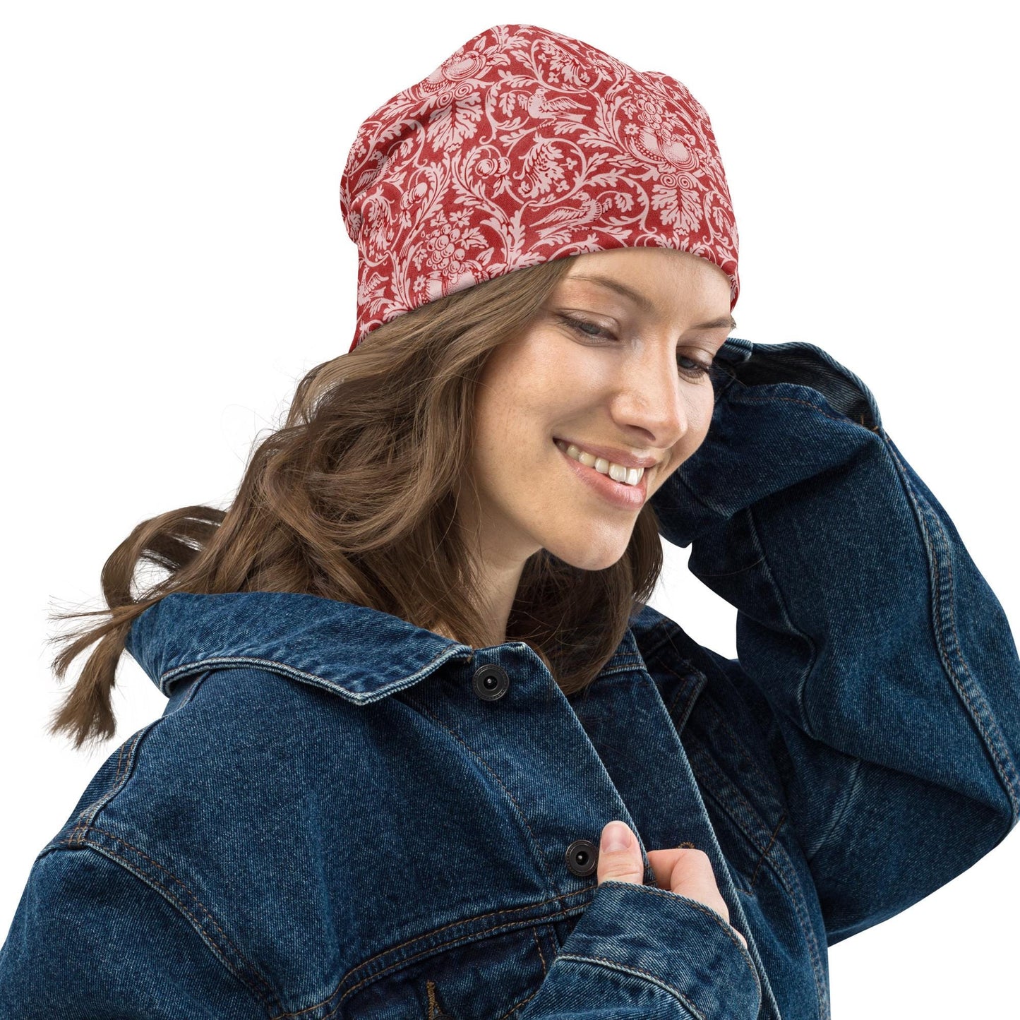 Queen Anne William Morris Beanie – Vintage Red Floral & Bird Slouch Hat, Soft Stretch Cap, Heritage Pattern, Women’s Hat, Men’s Beanie