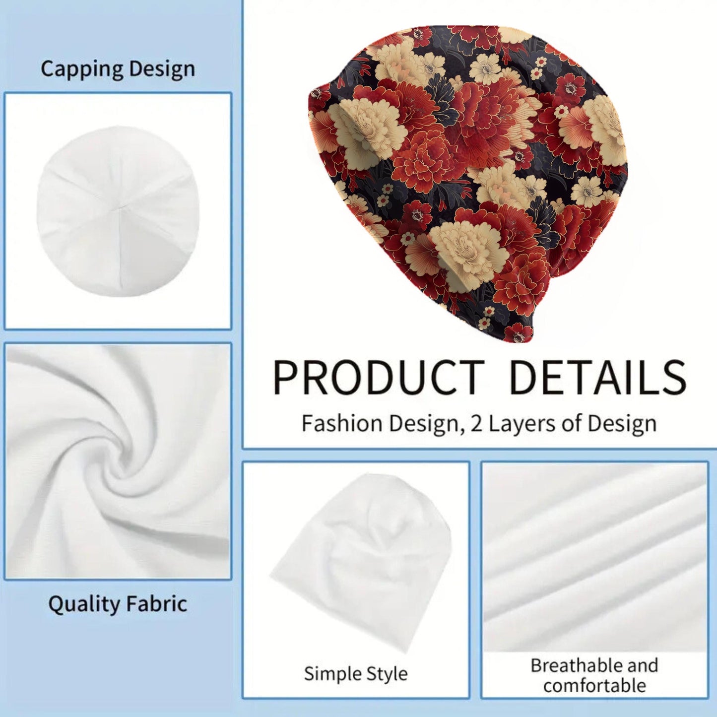 Red & Cream Peony Beanie – Thin Soft Slouchy Hat with Vintage Asian Floral Design – Made to Order Women’s Hat, Men’s Beanie