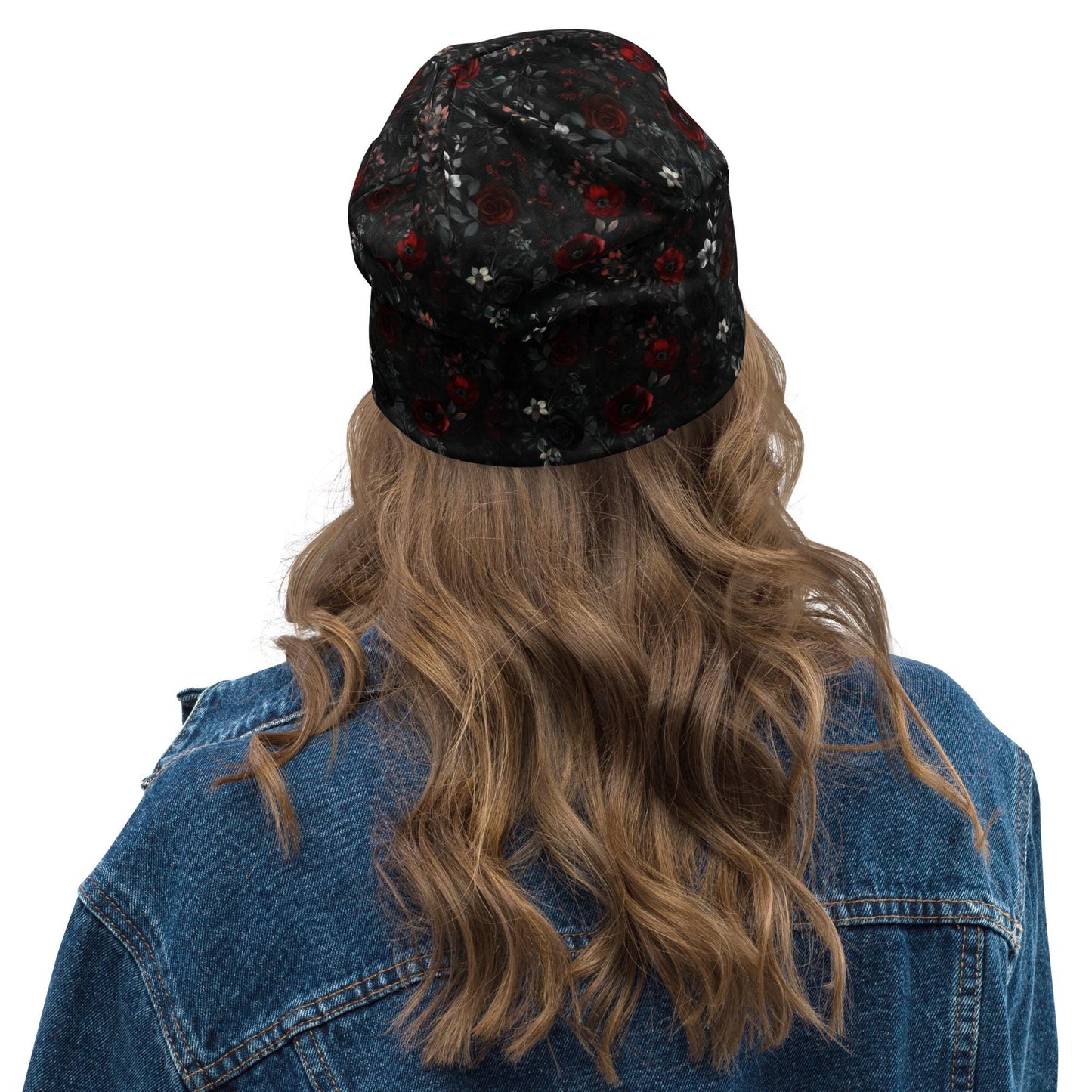 Dark Romance Floral Slouchy Beanie – Gothic Rose Bonnet, Soft Thin Stretchy Skull Cap for Men and Women, Black & Red Botanical Print