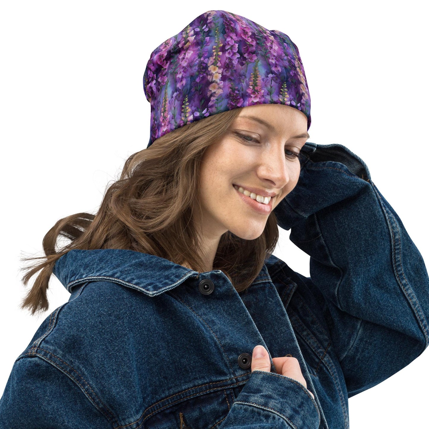 Lilac Rose Foxgloves Slouchy Beanie – Thin Stretchy Unisex Skull Cap for Men & Women, Purple Botanical Bonnet, Soft Lightweight Floral Hat