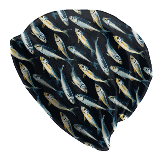 Dark Nautical Sardine Fish Beanie – Lightweight Soft Skull Cap, Coastal Fisherman Hat, Sailor Style Beanie, Ocean Art Beanie for Men & Women
