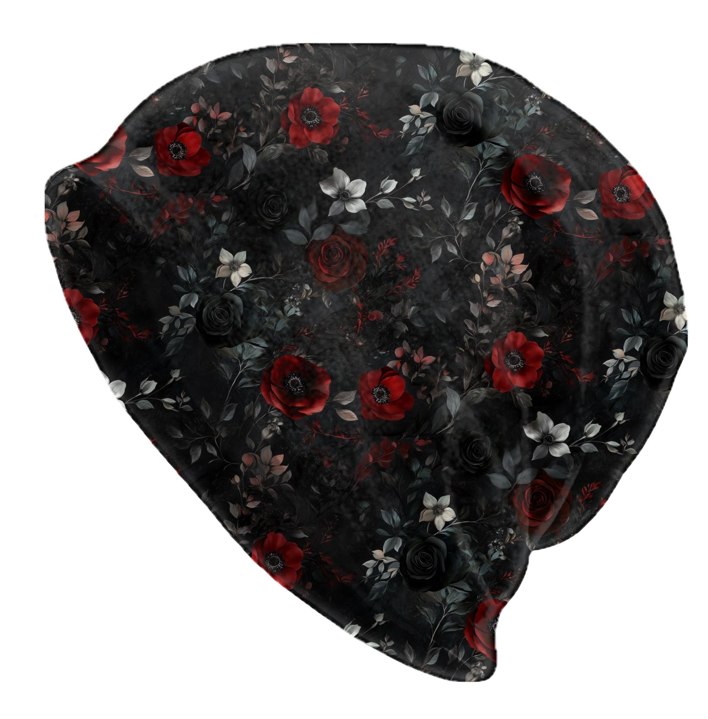 Dark Romance Floral Slouchy Beanie – Gothic Rose Bonnet, Soft Thin Stretchy Skull Cap for Men and Women, Black & Red Botanical Print