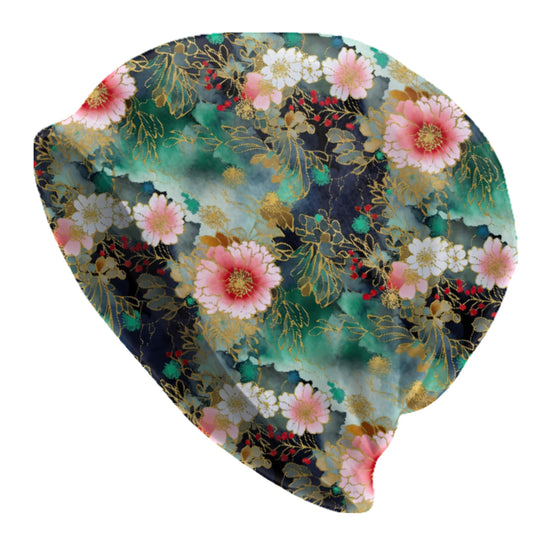 Chiyogami Japanese Floral Slouchy Beanie – Gold Sakura Style Print Hat, Watercolor Emerald Flower Cap, Soft Lightweight Skull Cap Unisex
