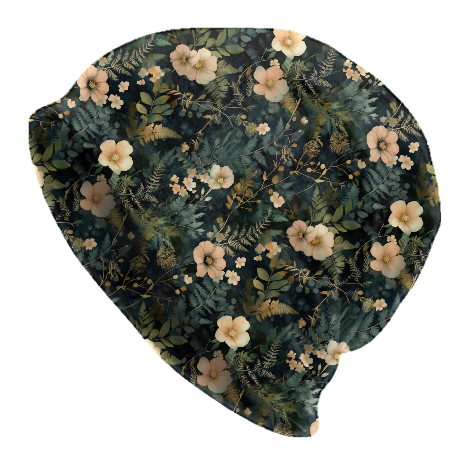 Botanical Garden Slouchy Beanie – Sage and Gold Floral Bonnet, Soft Thin Stretchy Skull Cap for Men & Women, Elegant Nature Print Hat