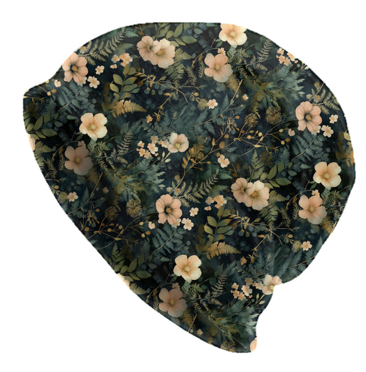 Botanical Garden Slouchy Beanie – Sage and Gold Floral Bonnet, Soft Thin Stretchy Skull Cap for Men & Women, Elegant Nature Print Hat
