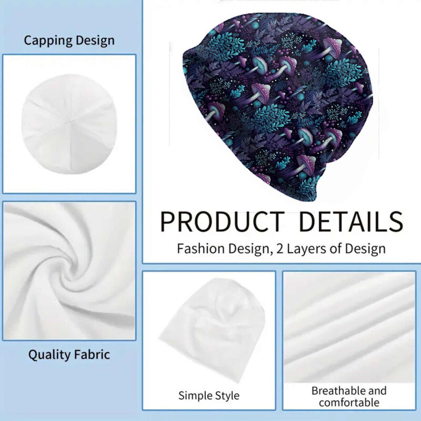 Mushroom Magic Fungi Forest Slouchy Beanie – Soft Breathable Skull Cap, Mens Beanie Hats For Women Boho Beanies Purple Blue Warm Fall Hat