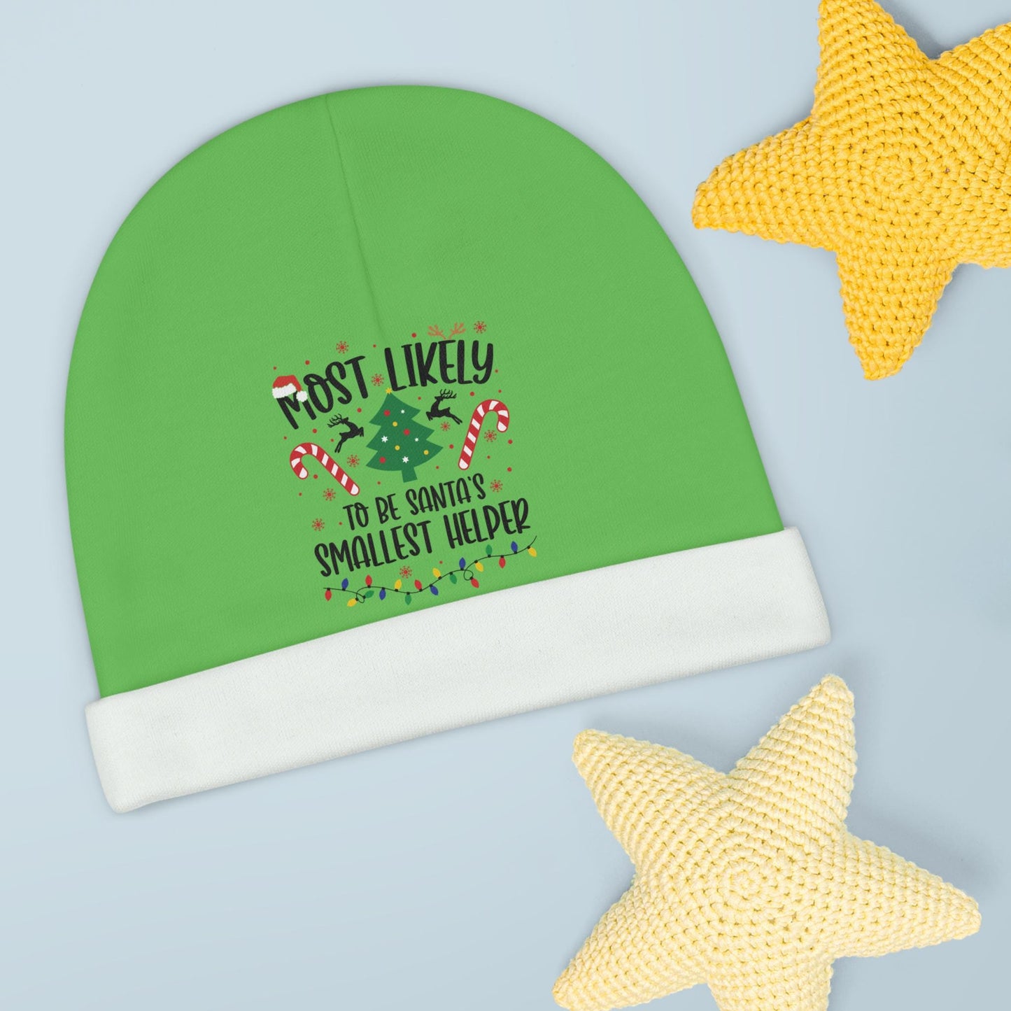 Baby “Most Likely To” Christmas Beanie, Soft Infant Holiday Hat, Cute Funny Newborn Winter Cap – Double-Sided Print, Made to Order 0-6 mo