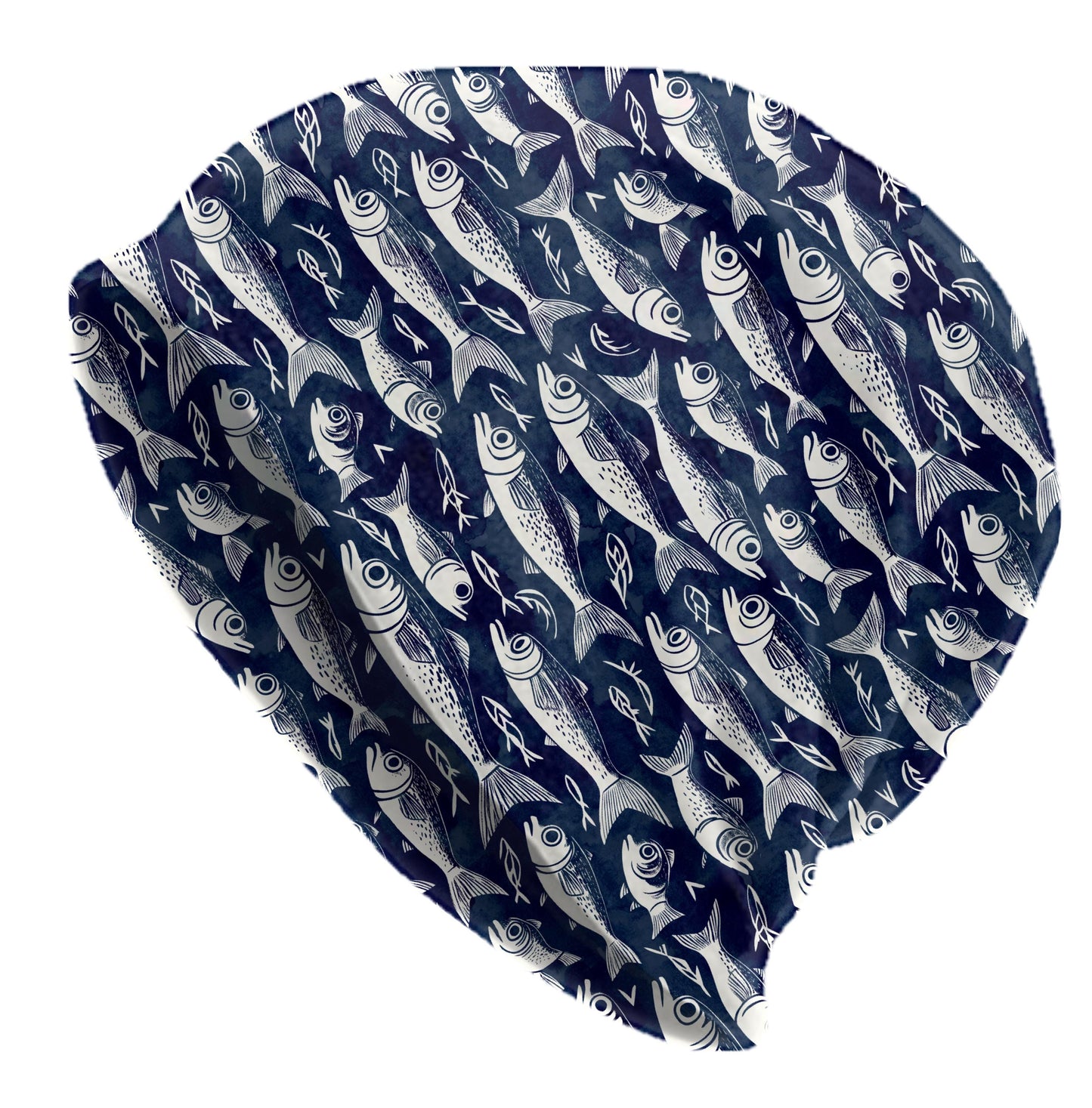 Navy Folk Fish Beanie – Hand-Drawn Ocean Slouch Hat, Nautical Coastal Skull Cap, Thin Soft Unisex Fish Print Beanie, Size Up for Slouch Fit