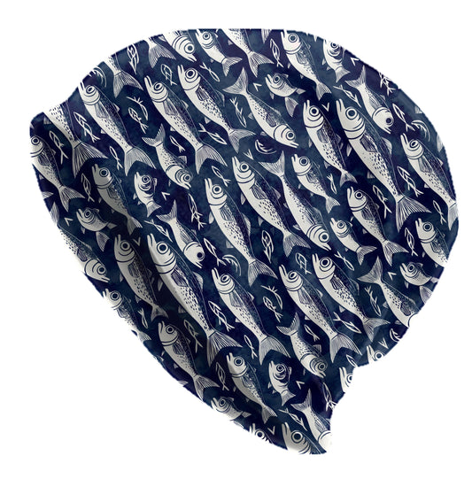 Navy Folk Fish Beanie – Hand-Drawn Ocean Slouch Hat, Nautical Coastal Skull Cap, Thin Soft Unisex Fish Print Beanie, Size Up for Slouch Fit