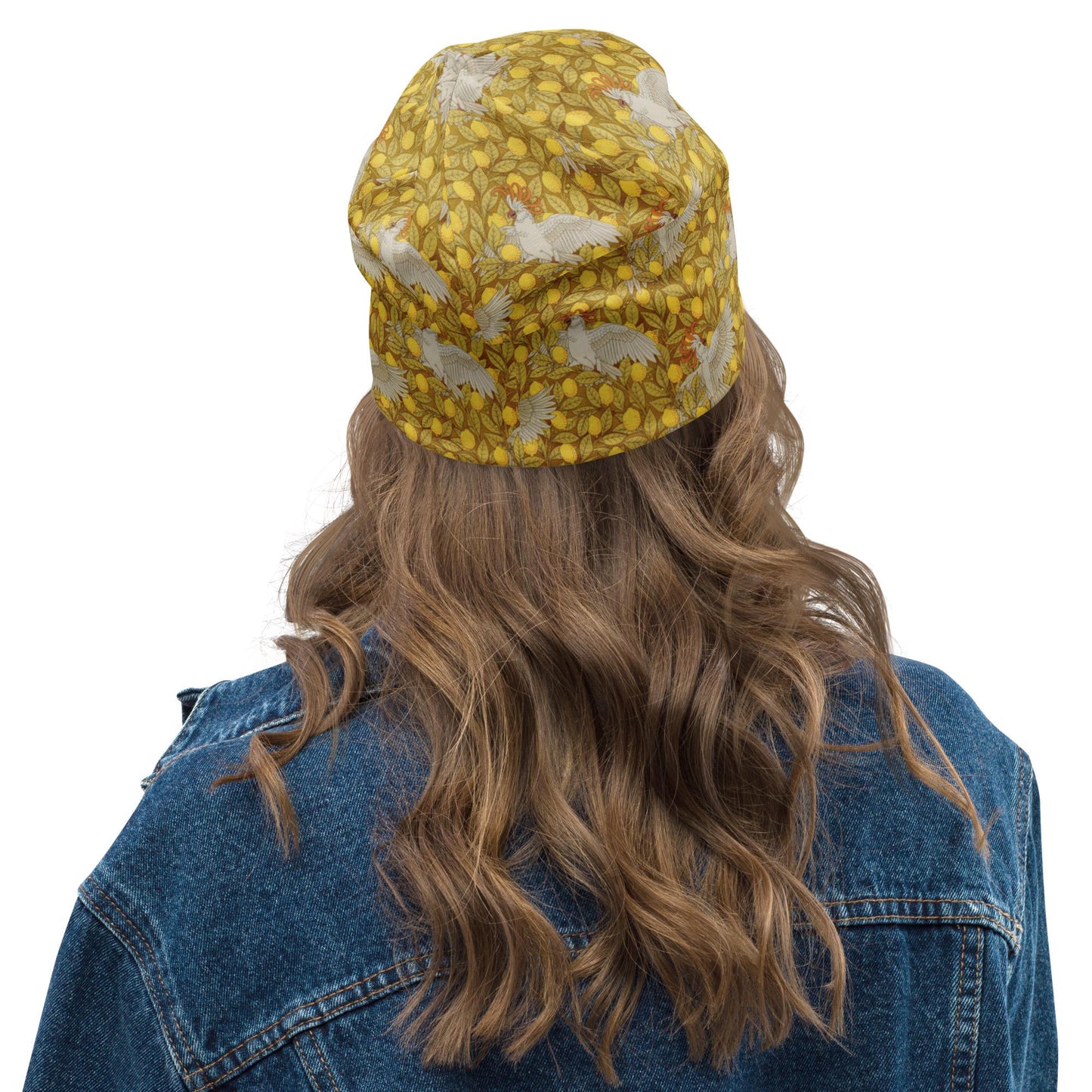 Cockatoos Art Nouveau Beanie – Maurice Pillard Bird Pattern Hat, Vintage Floral Lemon Print Slouchy Bonnet, Soft Skull Cap for Men & Women
