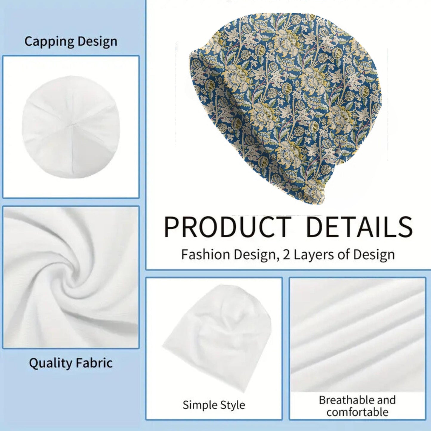 William Morris Blue Chrysanthemum Sunflower Beanie – Vintage Gold Floral Botanical Slouchy Hat – Thin  Women’s Hat & Men’s Beanie