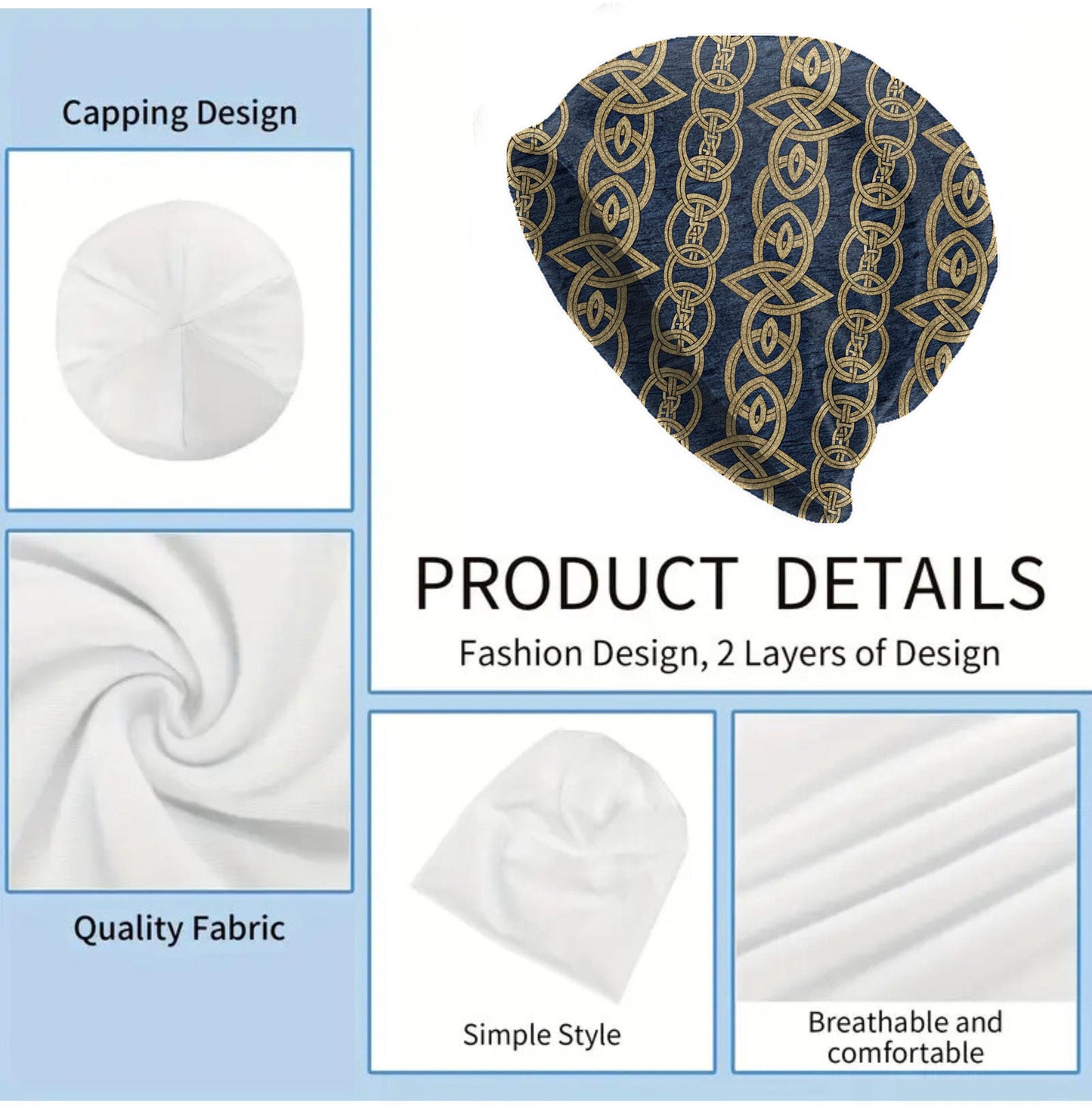 Navy Celtic Knot Slouchy Beanie – Thin Stretchy Lightweight Skull Cap for Men and Women in Gold Interlace Pattern