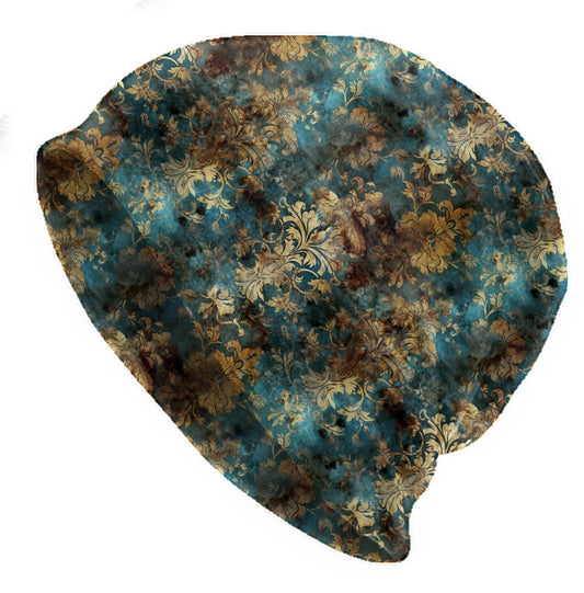 Vintage Teal Baroque Slouchy Beanie – Thin Stretchy Lightweight Skull Cap for Men and Women in Gold Damask Pattern