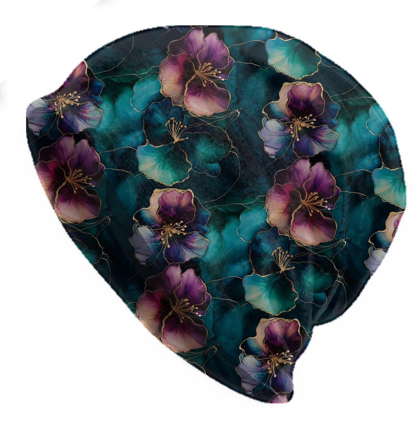 Sapphire Hibiscus Slouchy Beanie – Thin Stretchy Lightweight Skull Cap for Men and Women in Teal and Amethyst Petals