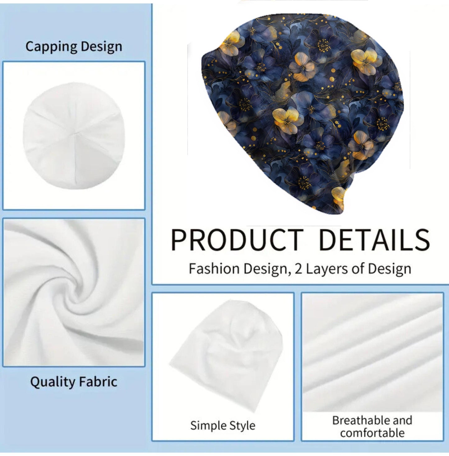 Golden Twilight Floral Slouchy Beanie – Thin Stretchy Unisex Skull Cap for Men & Women, Navy Gold Botanical Bonnet, Soft Lightweight Hat