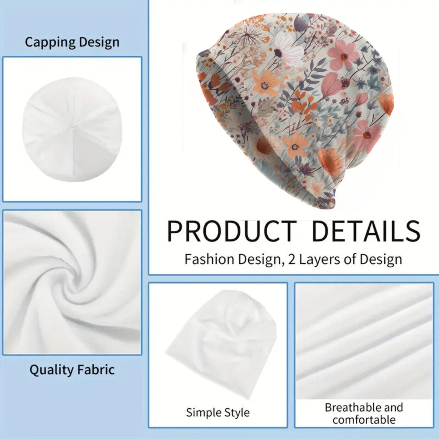 Thin Floral Slouchy Beanie Bonnet, Soft Lightweight Stretch Cap for Men & Women,  Perfect for Fall, Summer, Spring