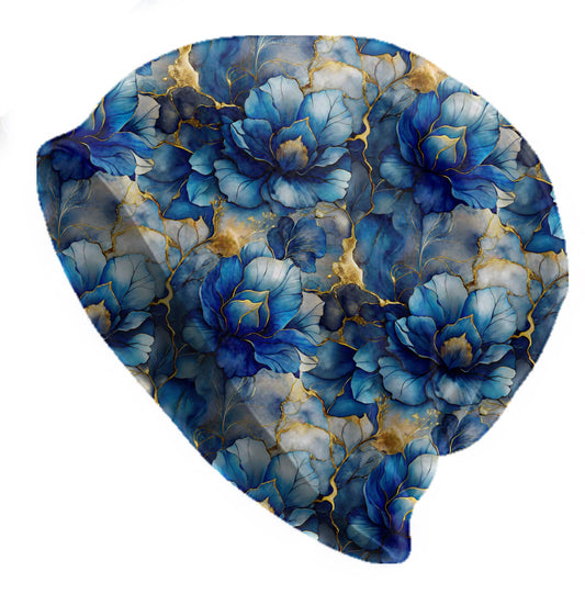 Indigo Opulence Slouchy Beanie – Thin Stretchy Lightweight Skull Cap for Men and Women in Deep Blue Petals