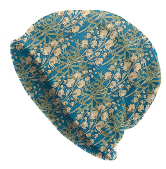 Maurice Pillard Monk’s Hood Beanie – Art Nouveau Blue Floral Slouch Hat, Vintage Botanical Cap, Soft Lightweight Beanie
