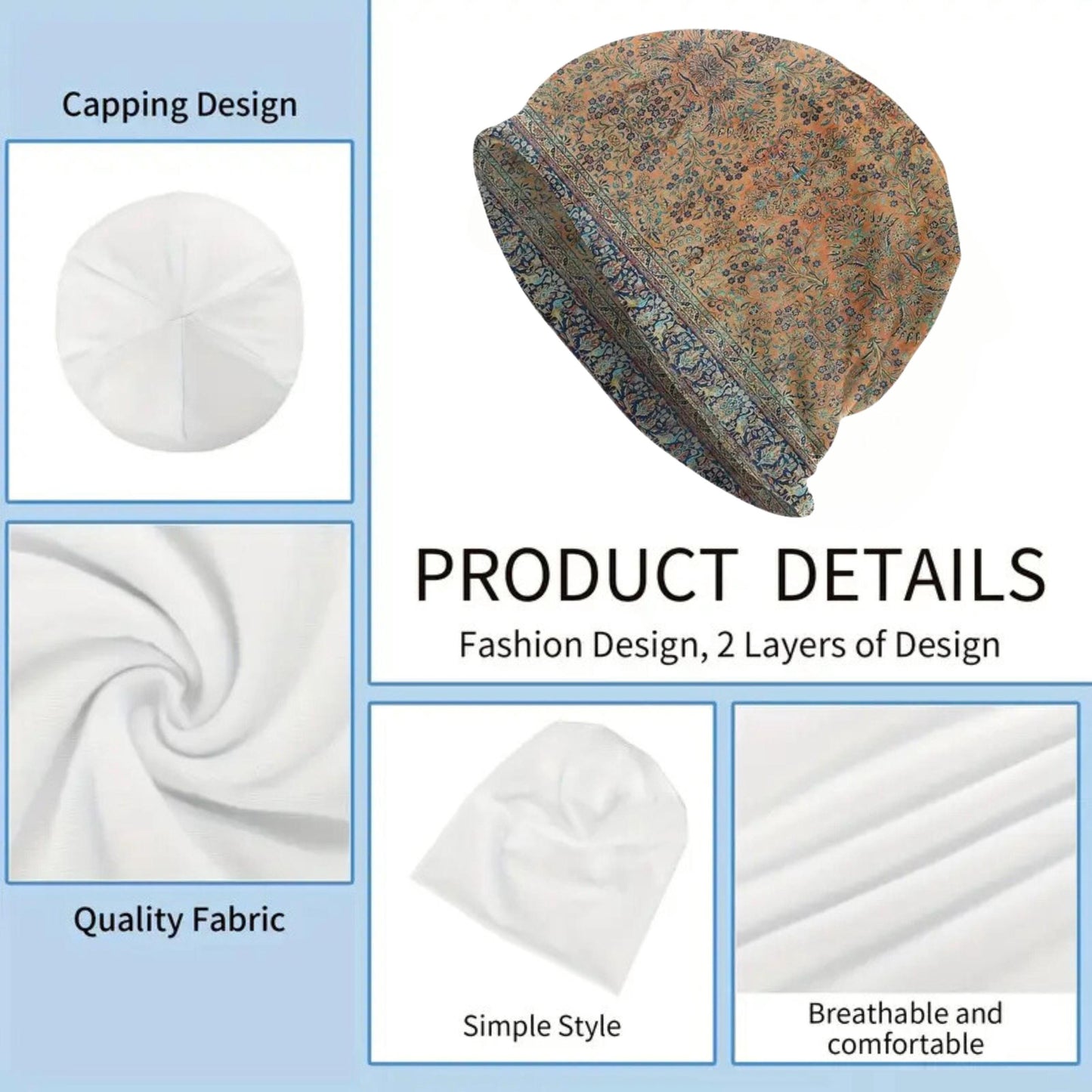 Mens Beanie Women Floral Pattern Summer Hat Beanie Headwear Lightweight Beanie Skull Cap Bonnet Vintage Style Skully Wildflowers Tan Brown