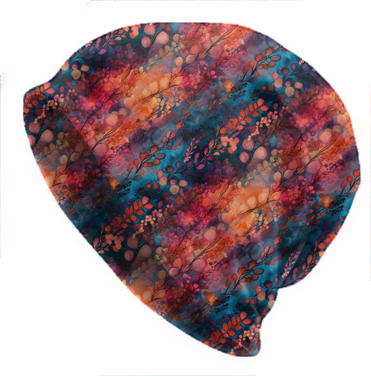 Luminous Ferns Slouchy Beanie – Thin Stretchy Unisex Skull Cap for Men & Women, Soft Lightweight Botanical Bonnet in Teal and Sunset Tones