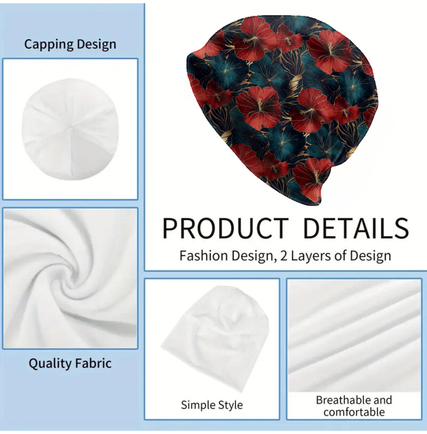 Dark Tropical Slouchy Beanie – Red & Teal Floral Bonnet, Soft Thin Stretchy Skull Cap for Men and Women, Botanical Island Print Hat