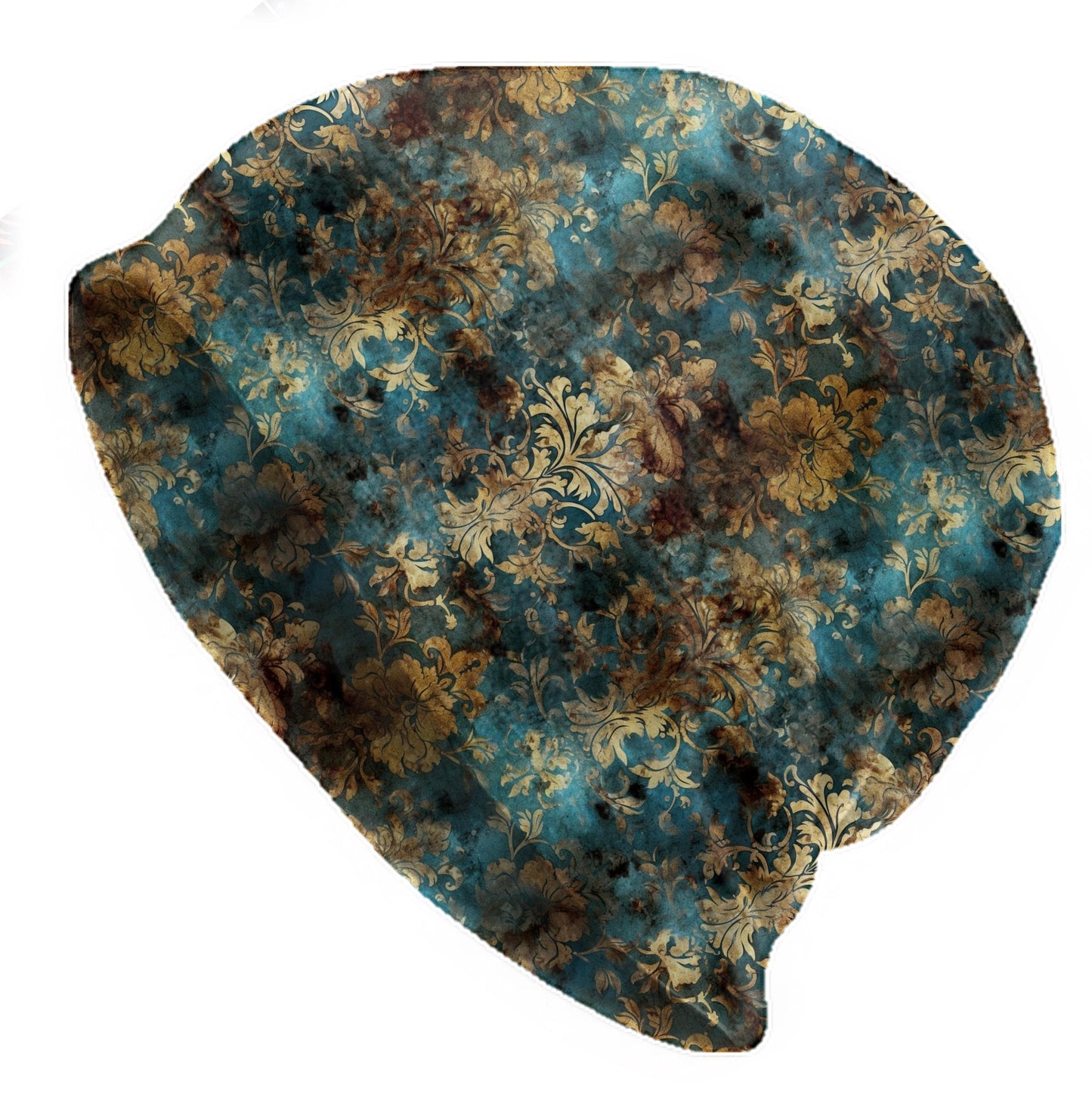 Vintage Teal Baroque Slouchy Beanie – Thin Stretchy Lightweight Skull Cap for Men and Women in Gold Damask Pattern