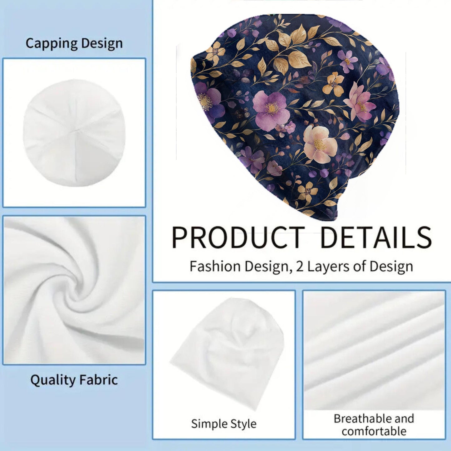 Floral Navy Slouchy Beanie – Purple & Gold Botanical Skull Cap, Hat for Men & Women