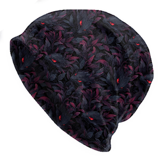 Dark Foliage Red Eyes Slouchy Beanie – Soft Lightweight Skull Cap, Thin Bonnet Hat for Men & Women, Spooky Night Pattern