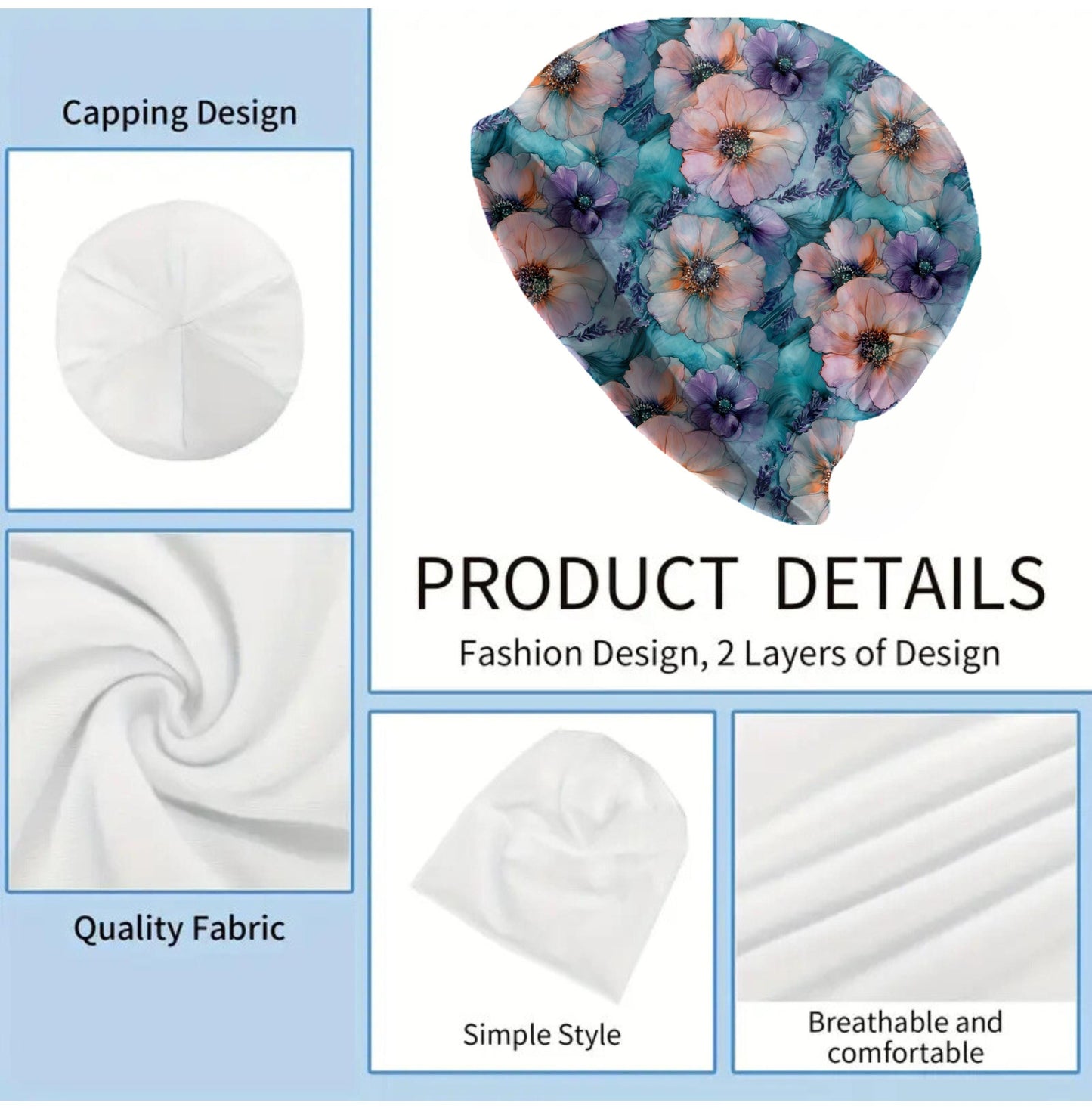 Dreamy Wildflowers Slouchy Beanie – Soft Pastel Floral Bonnet, Thin Stretchy Skull Cap for Men & Women, Watercolor Meadow Print Hat