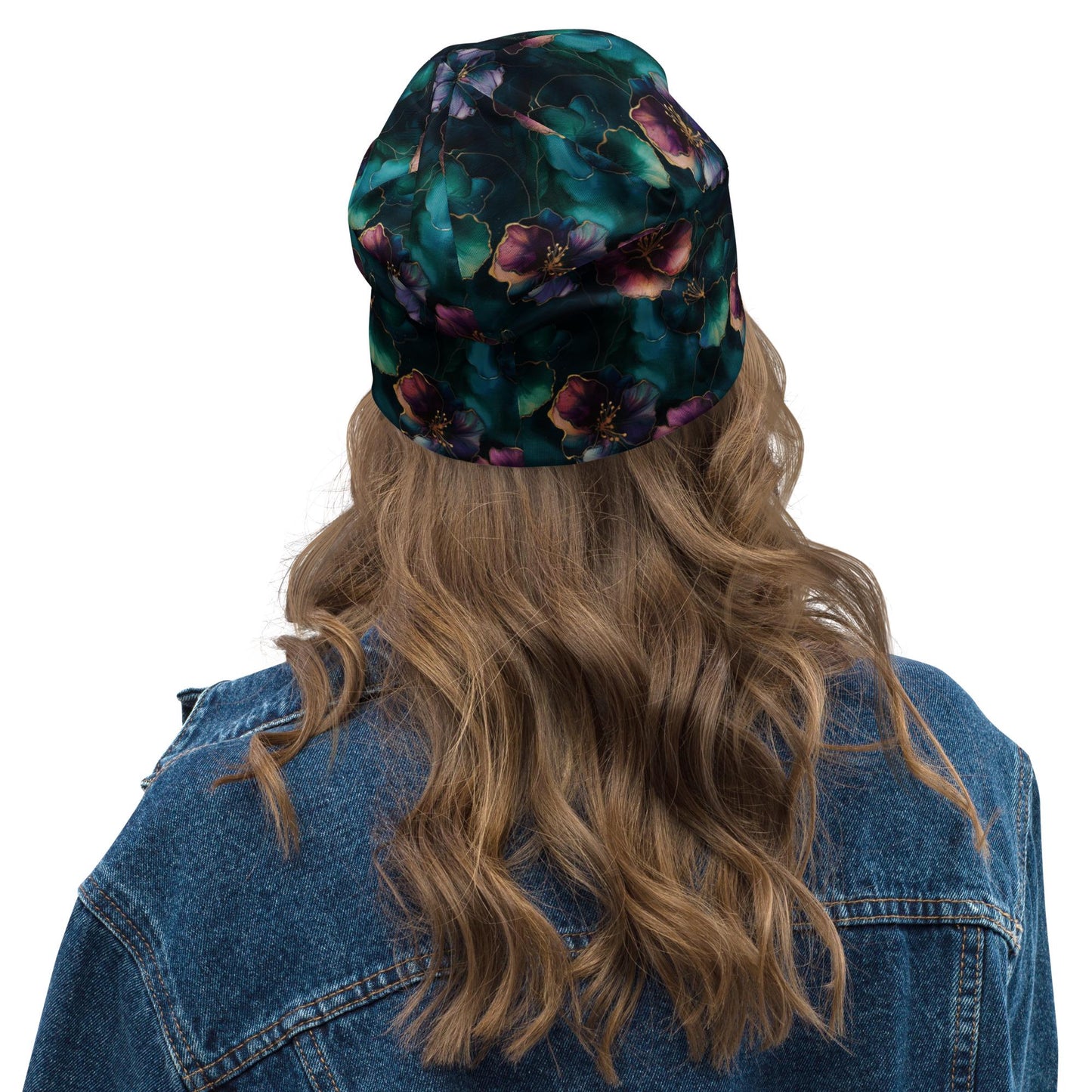 Sapphire Hibiscus Slouchy Beanie – Thin Stretchy Lightweight Skull Cap for Men and Women in Teal and Amethyst Petals