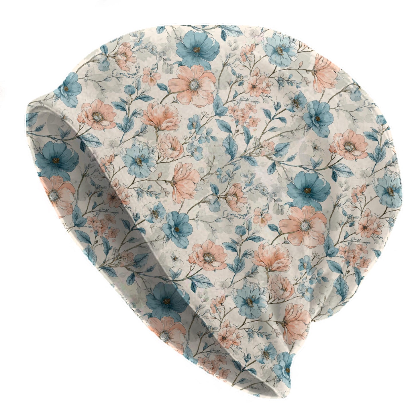 Vintage Blue & Peach Garden Slouchy Beanie – Thin Stretchy Lightweight Skull Cap for Men and Women