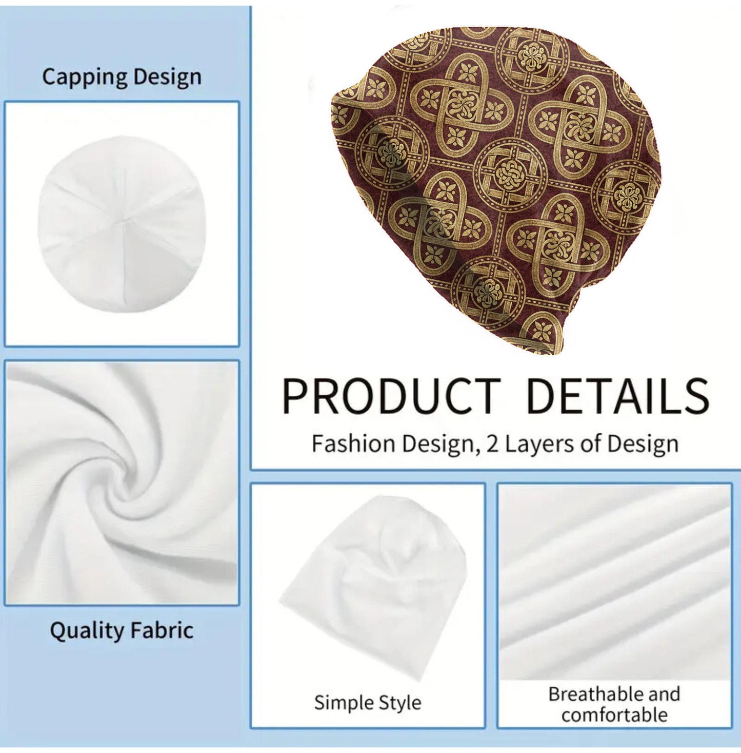 Celtic Burgundy Gold Slouchy Beanie – Thin Lightweight Soft Skull Cap for Men and Women