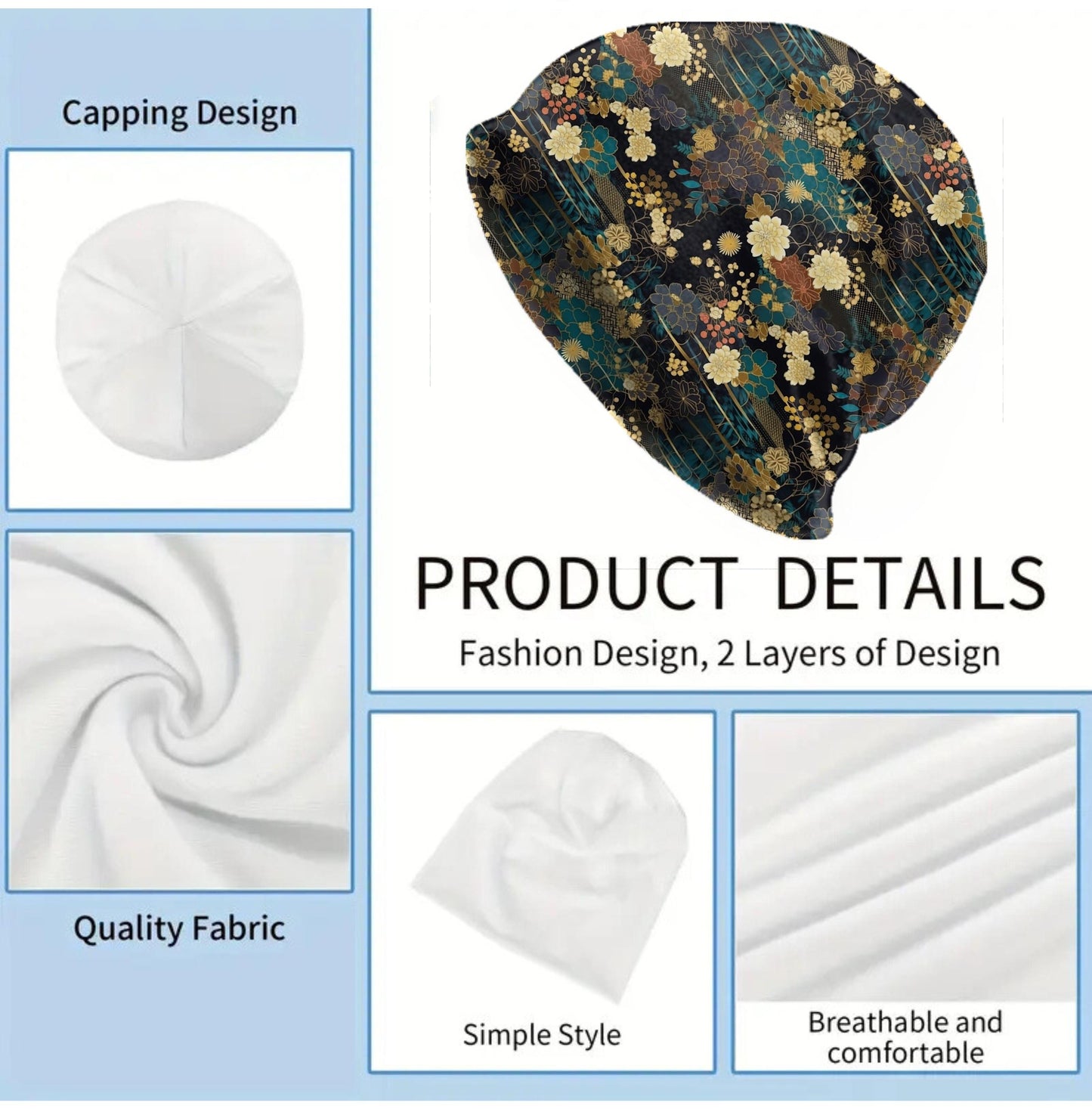 Chiyogami Japanese Floral Slouchy Beanie – Elegant Gold Botanical Print, Soft Lightweight Double-Layer Stretch Cap, Fine Art Flowers Unisex