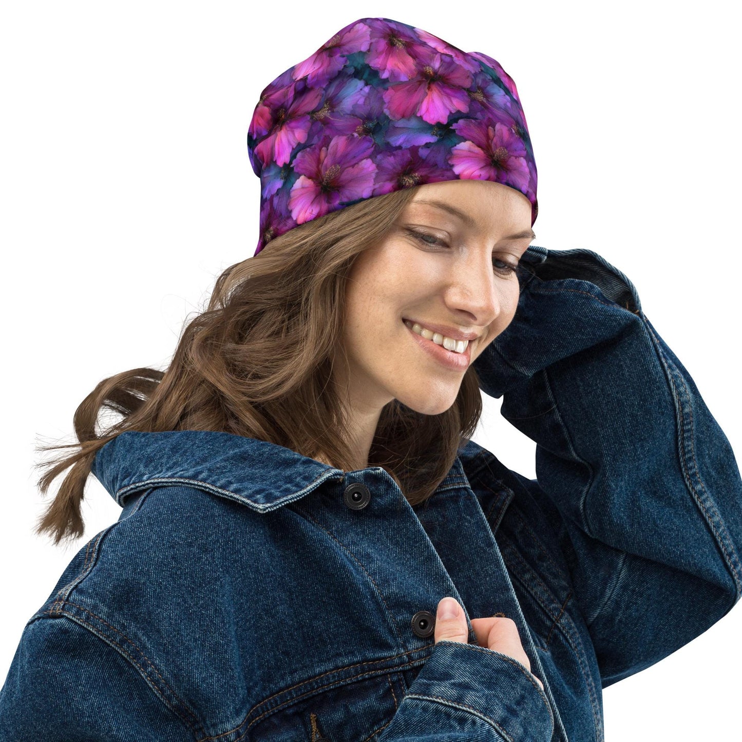 Blooming Hibiscus Slouchy Beanie – Thin Stretchy Unisex Skull Cap for Men & Women, Pink Purple Floral Bonnet, Soft Lightweight Hat