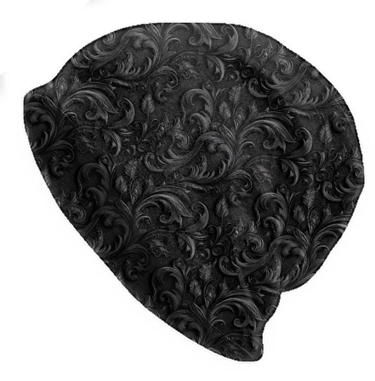 Dark Western Scroll Floral Slouchy Beanie – Soft Lightweight Skull Cap, Thin Bonnet Hat for Men & Women, Ornate Carved-Style Pattern