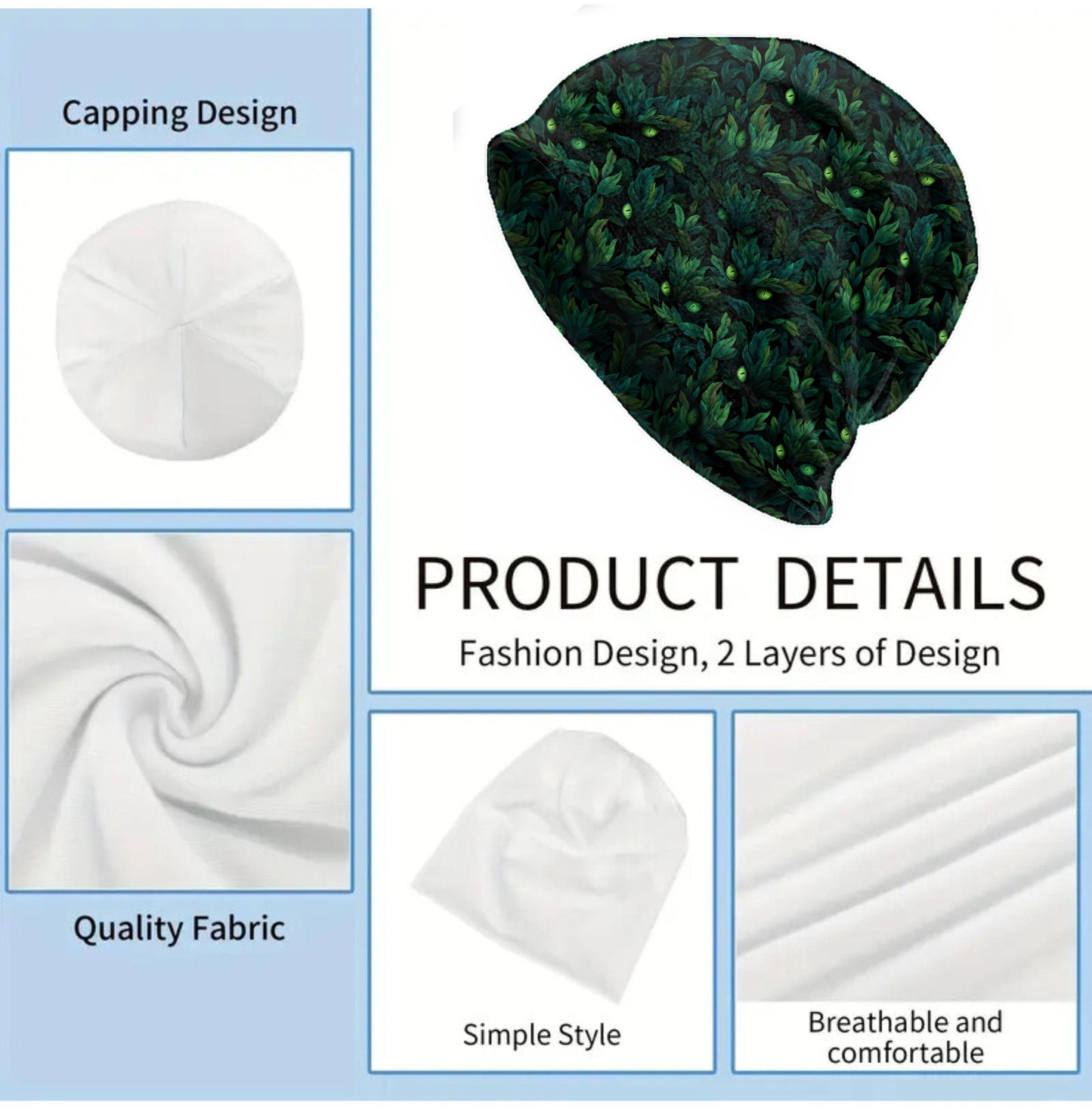 Green Eyes Forest Slouchy Beanie – Soft Lightweight Skull Cap, Thin Bonnet Hat for Men & Women, Dark Foliage Pattern