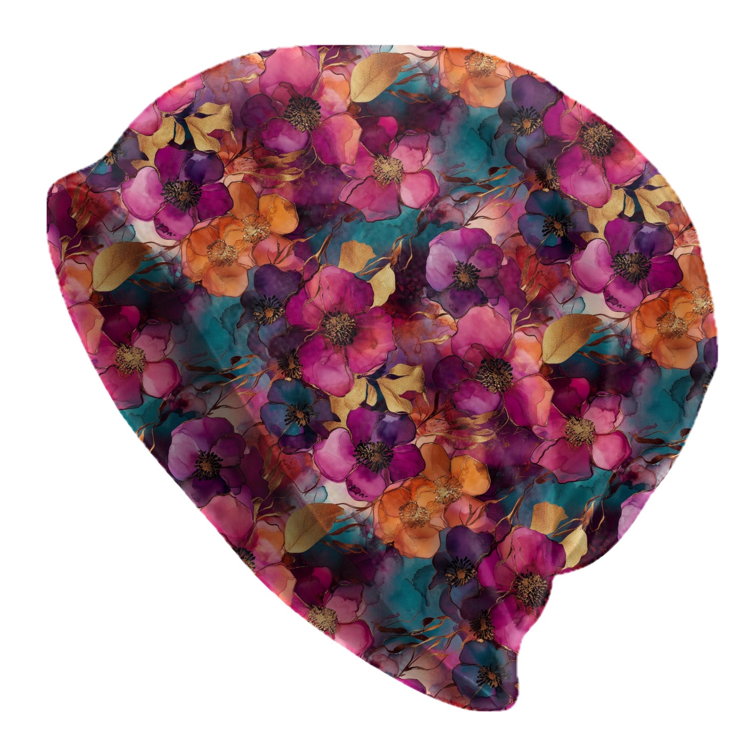 Magenta Luxe Wildflower Slouchy Beanie, Bold Floral Bonnet, Soft Thin Stretchy Skull Cap for Men and Women, Teal and Fuchsia Print Hat