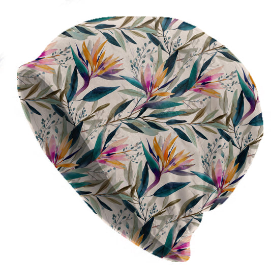 Bird of Paradise Slouchy Beanie – Thin Stretchy Lightweight Skull Cap for Men and Women in Teal Olive and Sunset Florals