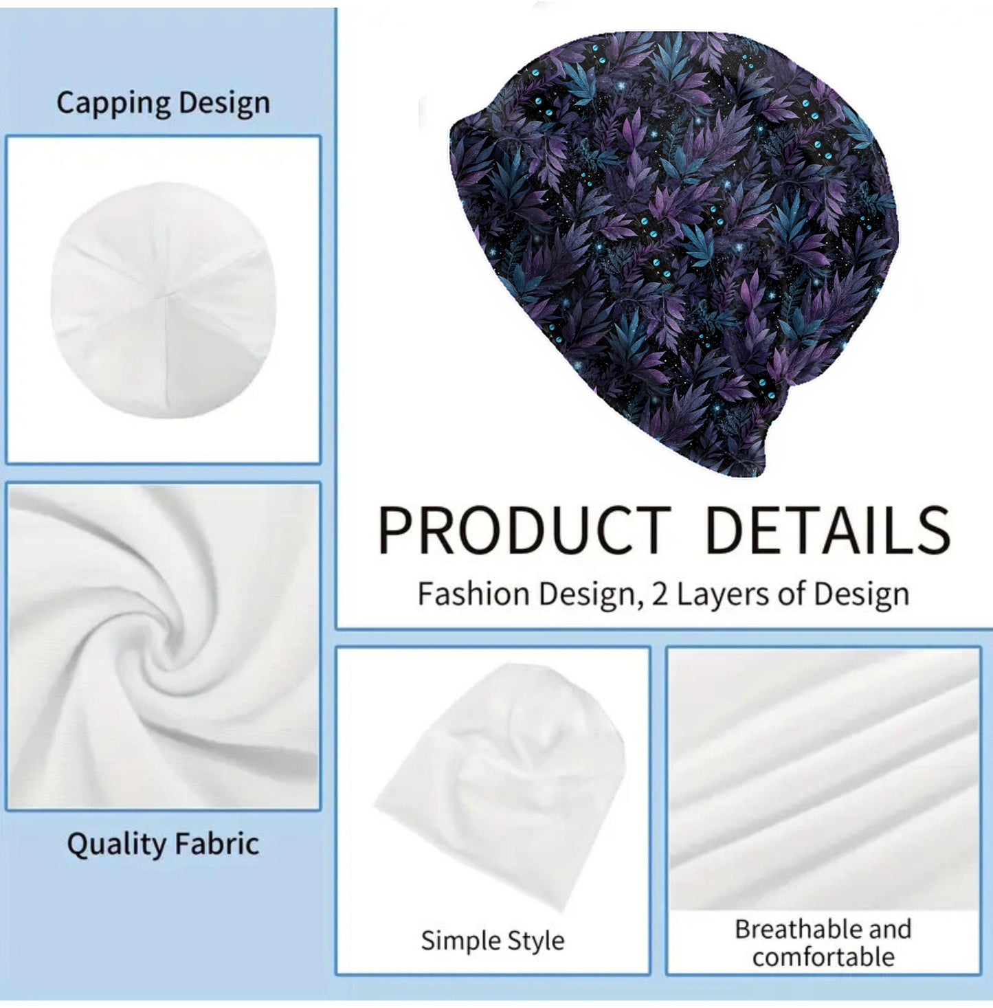 Midnight Cat Foliage Slouchy Beanie – Soft Lightweight Skull Cap, Thin Bonnet Hat for Men & Women, Dark Botanical Pattern with Blue Eyes