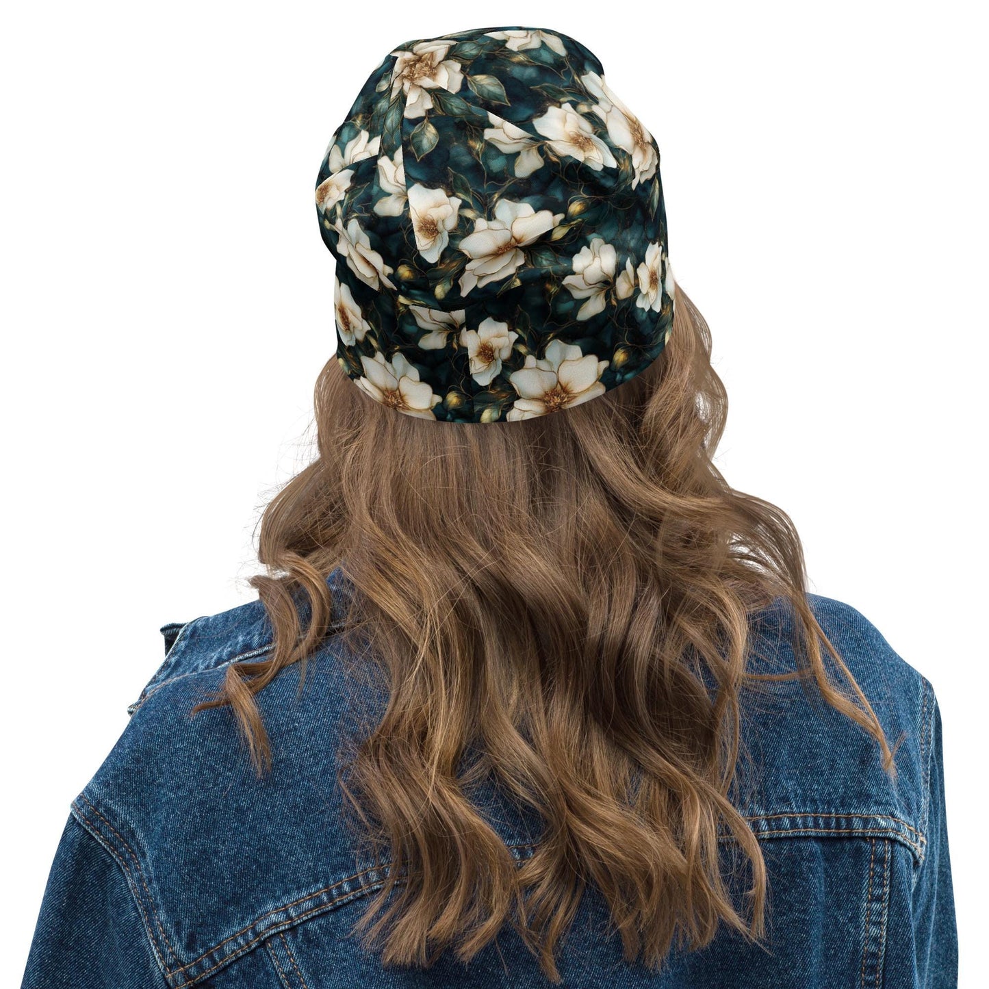 Magnolia Vines Slouchy Beanie – Thin Stretchy Lightweight Skull Cap for Men & Women, Soft Floral Bonnet in Cream Teal Gold
