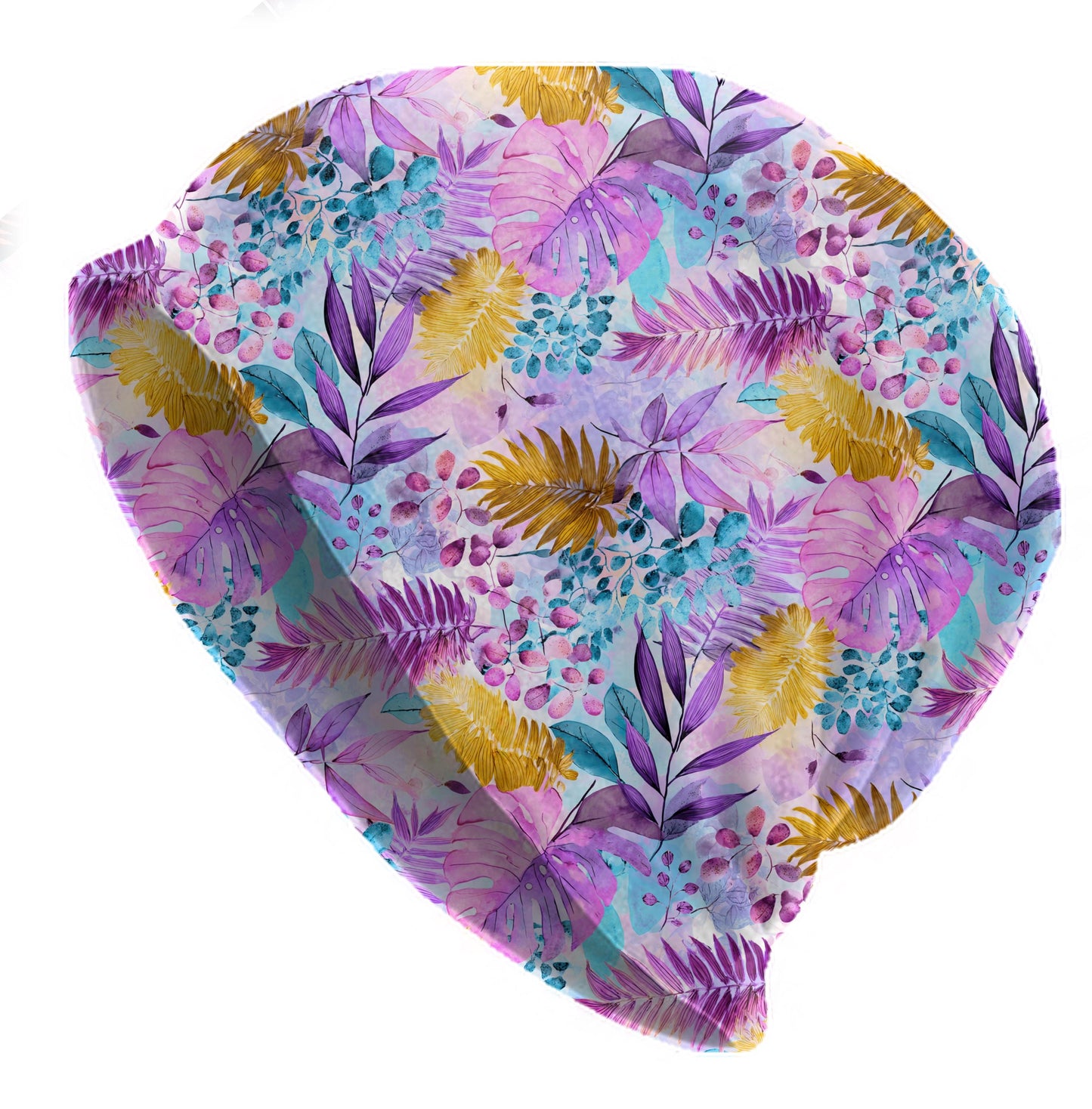 Tropical Watercolor Leaves Slouchy Beanie – Thin Stretchy Lightweight Skull Cap for Men and Women in Pink, Gold & Teal Jungle Foliage