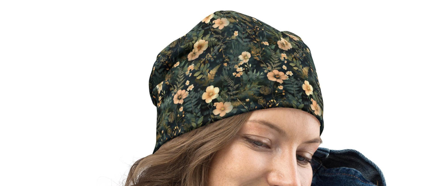 Botanical Garden Slouchy Beanie – Sage and Gold Floral Bonnet, Soft Thin Stretchy Skull Cap for Men & Women, Elegant Nature Print Hat