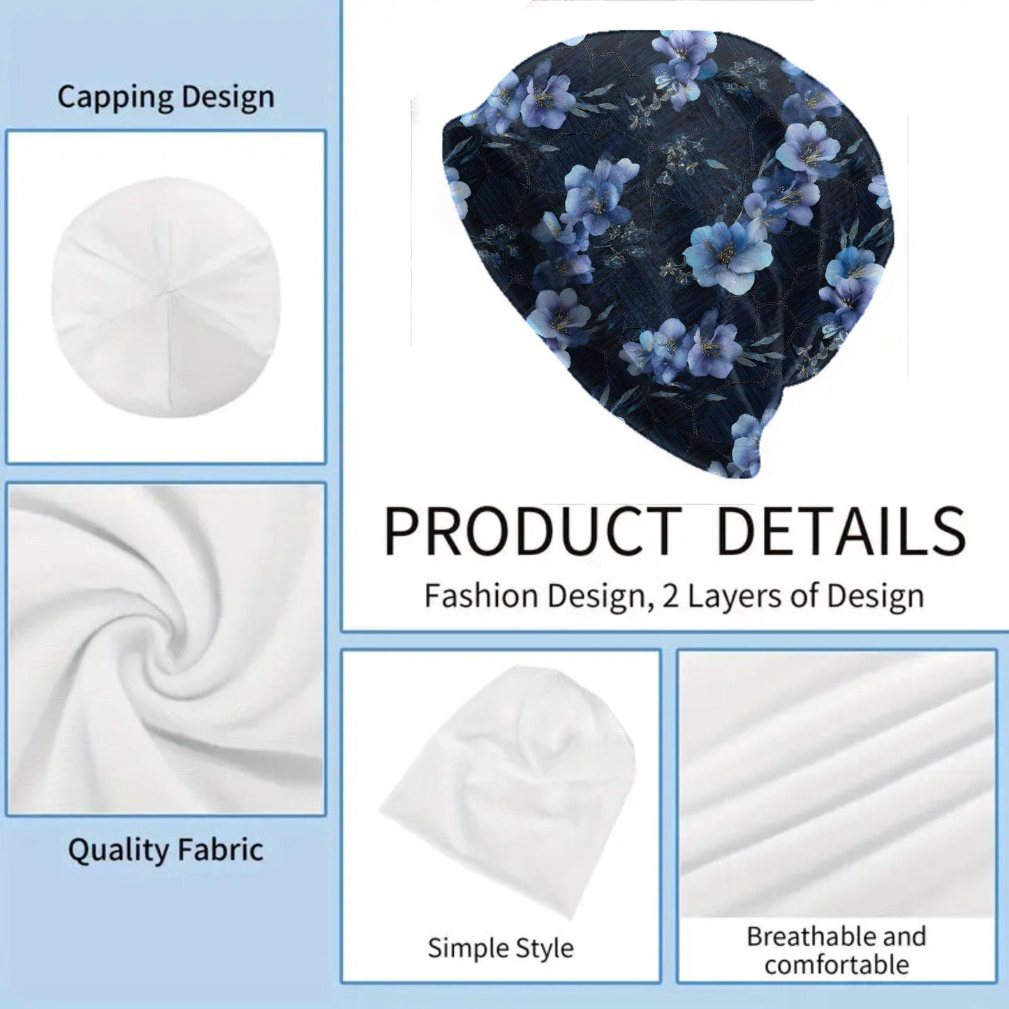 Midnight Indigo Blossom Slouchy Beanie – Dark Blue Floral Skull Cap, Hand-Painted Look Vintage Boho Beanie for Men & Women