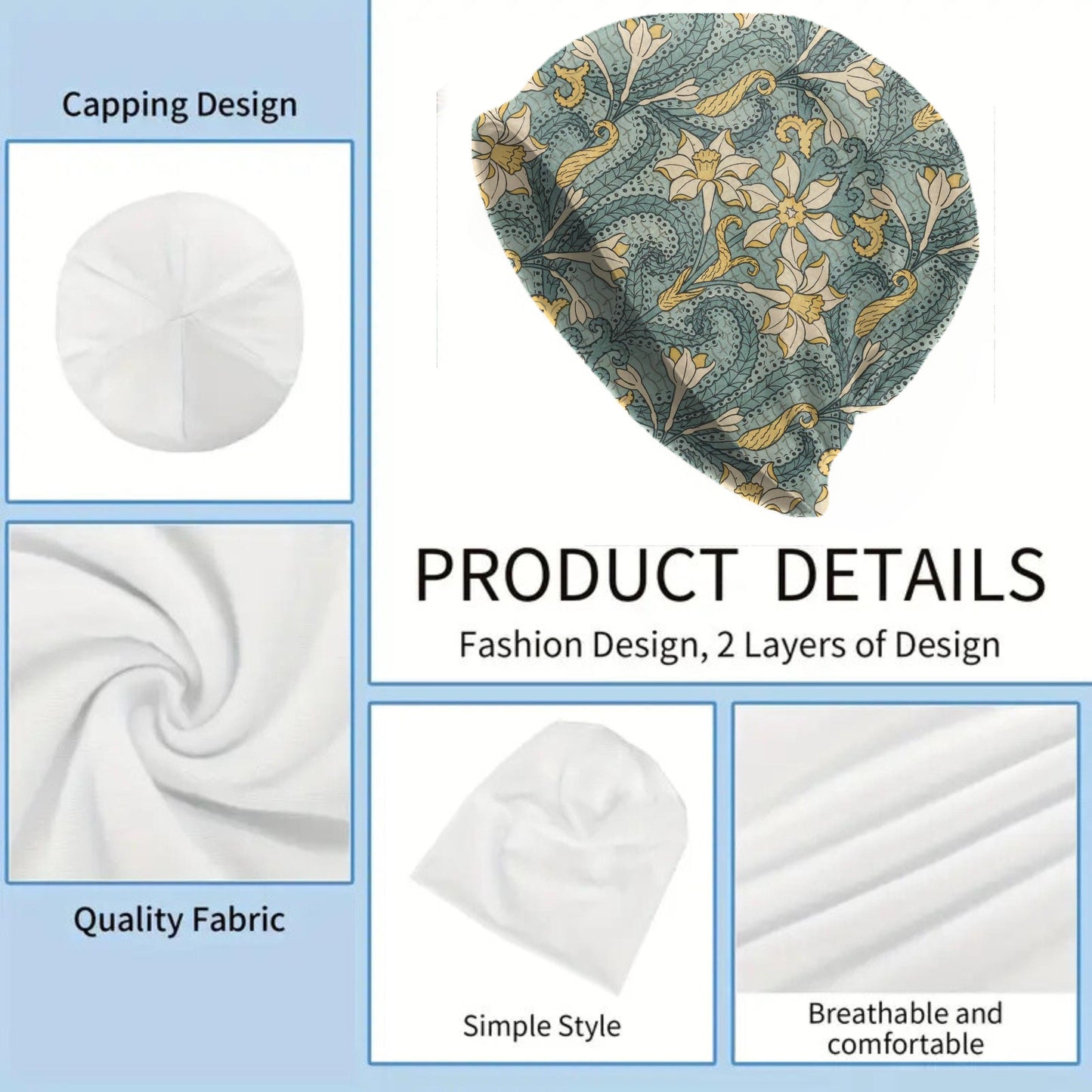 Maurice Pillard Jonquil Art Nouveau Beanie – Vintage Floral Slouch Hat, Teal Yellow Botanical Cap, Soft Lightweight Beanie