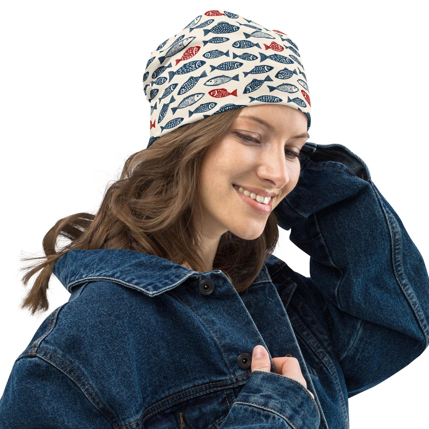 Red & Navy Fish Print Beanie – Folk Coastal Slouch Hat, Nautical Ocean Skull Cap, Thin Soft Unisex Beach Beanie, Maritime Style
